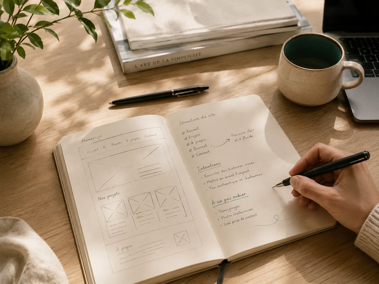Carnet de conception avec croquis de site web, notes et espace de travail créatif